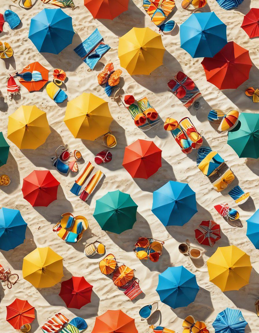 A bright and cheerful beach scene showcasing diverse individuals in trendy swimwear, radiating joy and summer vibes. Incorporate colorful beach umbrellas, a shimmering ocean, and playful beach accessories like sun hats and sunglasses. The mood should capture fun, relaxation, and a sense of adventure, appealing to various tastes in swimwear styles. Capture warm sunlight and a lively atmosphere. vibrant colors. 3D.